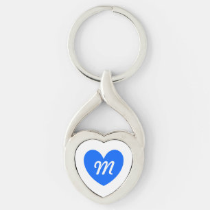 Blue polka hearts on white key ring