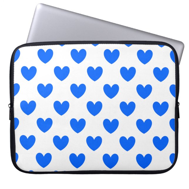 Blue polka hearts on white laptop sleeve (Front)