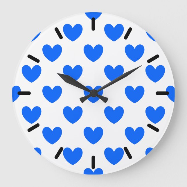Blue polka hearts on white large clock (Front)