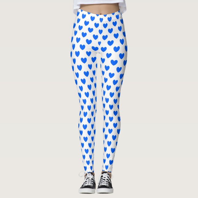 Blue polka hearts on white leggings (Front)