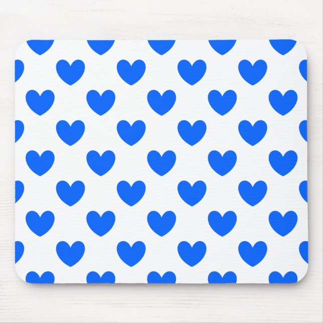 Blue polka hearts on white mouse mat (Front)