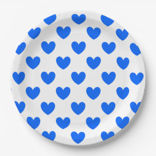 Blue polka hearts on white paper plate