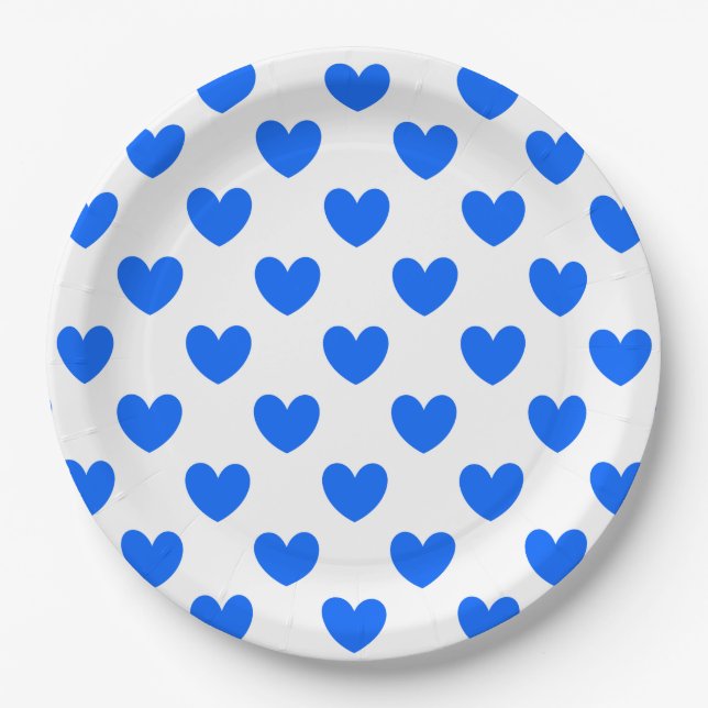 Blue polka hearts on white paper plate (Front)