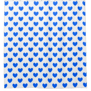 Blue polka hearts on white shower curtain