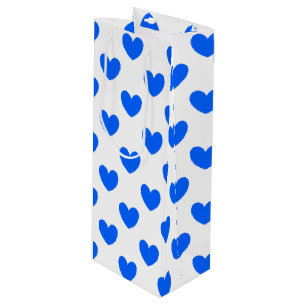 Blue polka hearts on white wine gift bag