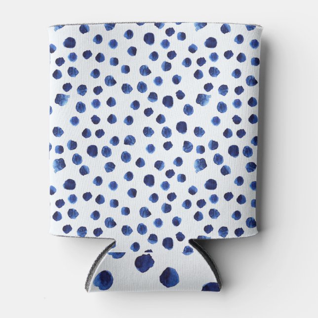 Blue Polka: Watercolor Dot Seamless. Can Cooler (Front)