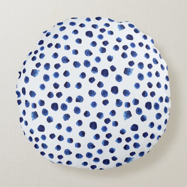 Blue Polka: Watercolor Dot Seamless. Round Cushion (Front)