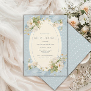 Blue Polkadot Floral Elegant Ribbon Bridal Shower Invitation