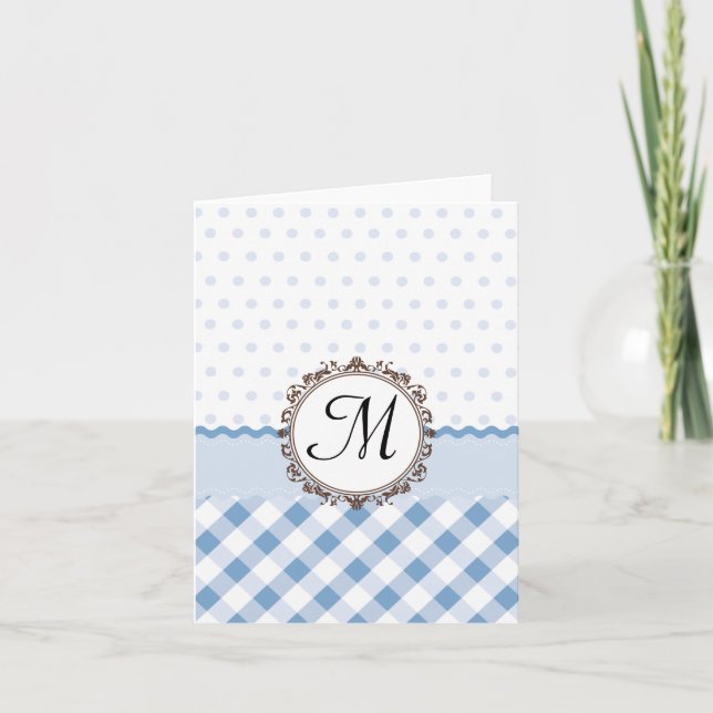Blue Polkadots, Checks and Stripes with Monogram Note Card (Front)