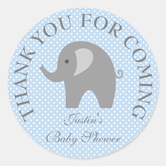 Blue polkadots grey elephant baby shower stickers (Front)