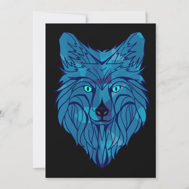 Blue Poly Wolf Head Holiday Card (Front)