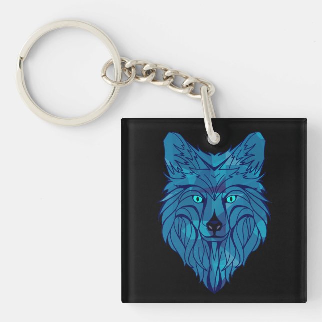 Blue Poly Wolf Head Key Ring (Front)
