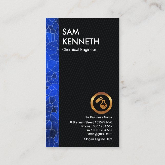 Blue Polygon Strip Simple Grey Damask Chemical Business Card (Front)