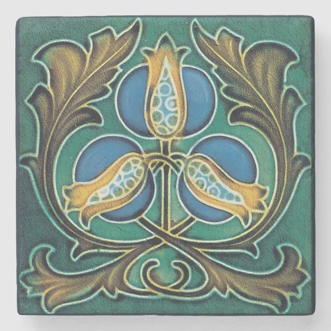 Blue Pomegranate Rustic Faux-Majolica Stone Coaster (Front)