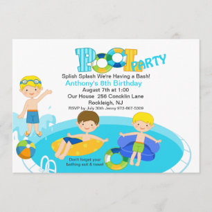 Blue Pool Party All Boys Birthday Invitation