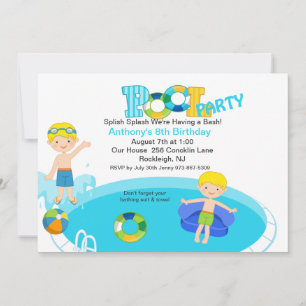 Blue Pool Party Boys Birthday Invitation