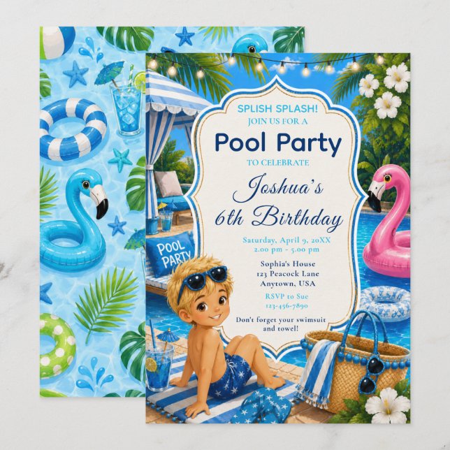 Blue Pool Party Boy's Birthday Invitation (Front/Back)