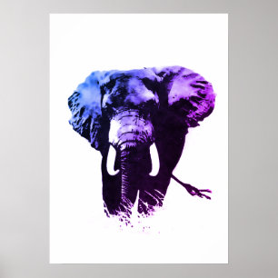 Blue Pop Art Elephant Ink Paint Poster