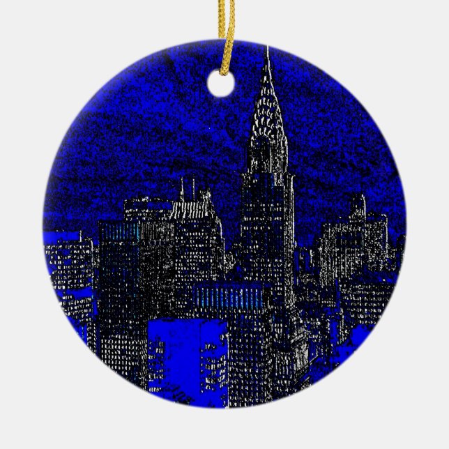 Blue Pop Art New York City Ceramic Tree Decoration (Front)