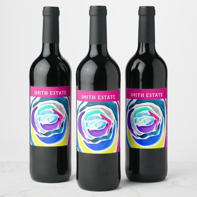 Blue pop art rose watercolor wine label (Bottles)