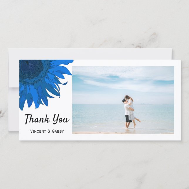 Blue Pop Art Sunflower Thank You Photo Card (Front)