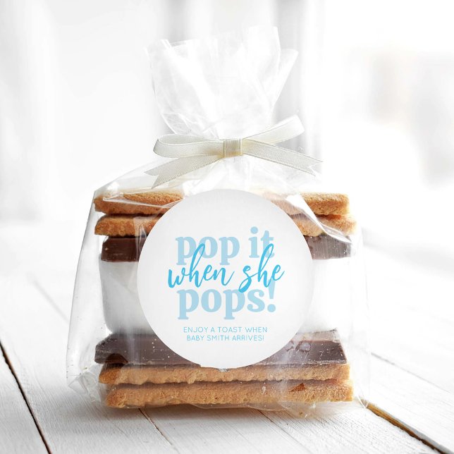Blue Pop It When She Pops Baby Shower Gift Classic Round Sticker (Creator Uploaded)