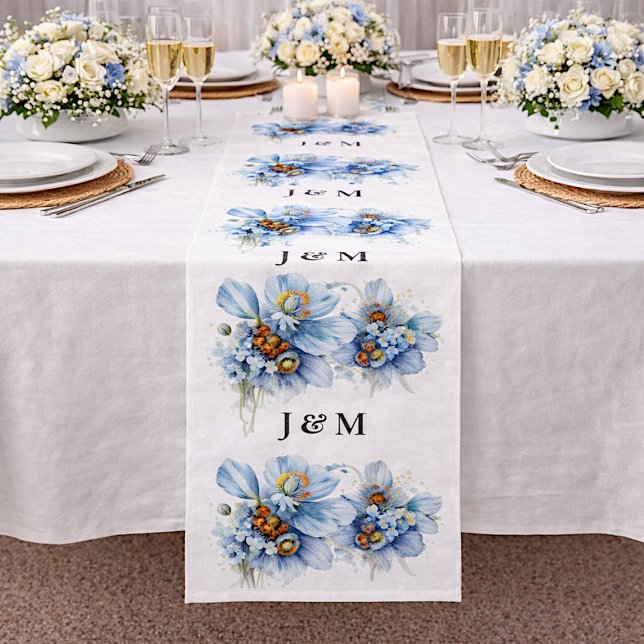 Blue Poppies Floral Wedding Fabric with Monogram (Creator Uploaded)