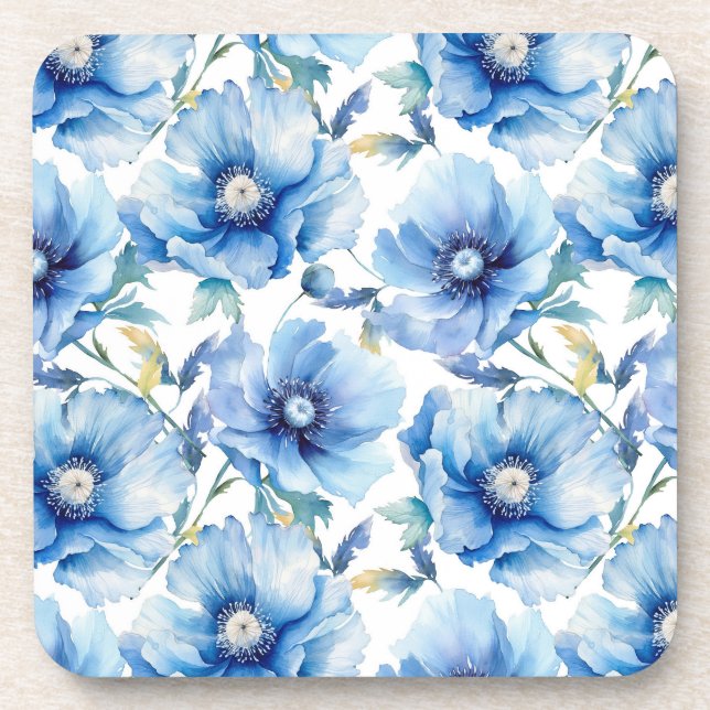 Blue Poppies flower pattern Coaster (Front)