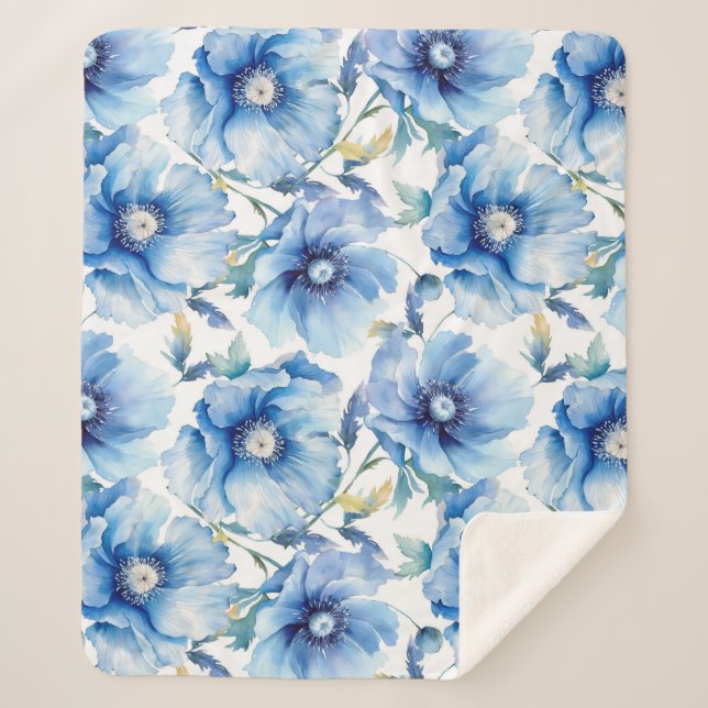 Blue Poppies flower pattern Sherpa Blanket (Front)