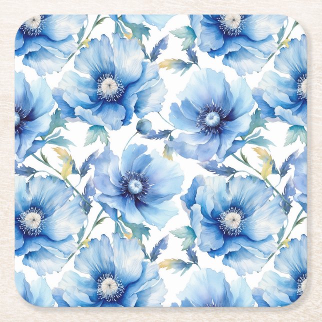 Blue Poppies flower pattern Square Paper Coaster (Front)