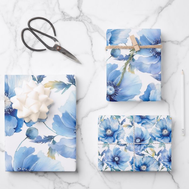Blue Poppies flower pattern Wrapping Paper Sheet (Front)