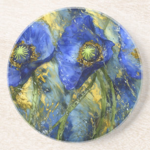 Blue Poppies in Gold Swirl Coaster