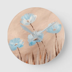 Blue poppies in grass round clock