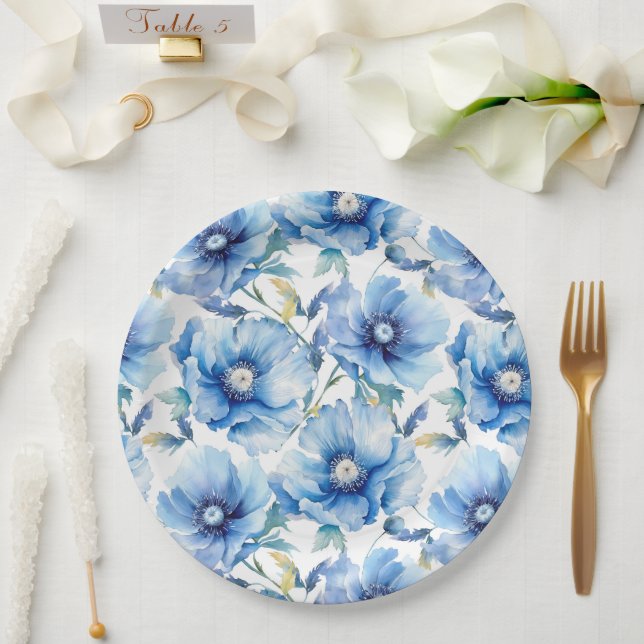 Blue poppies paper plate (Wedding)