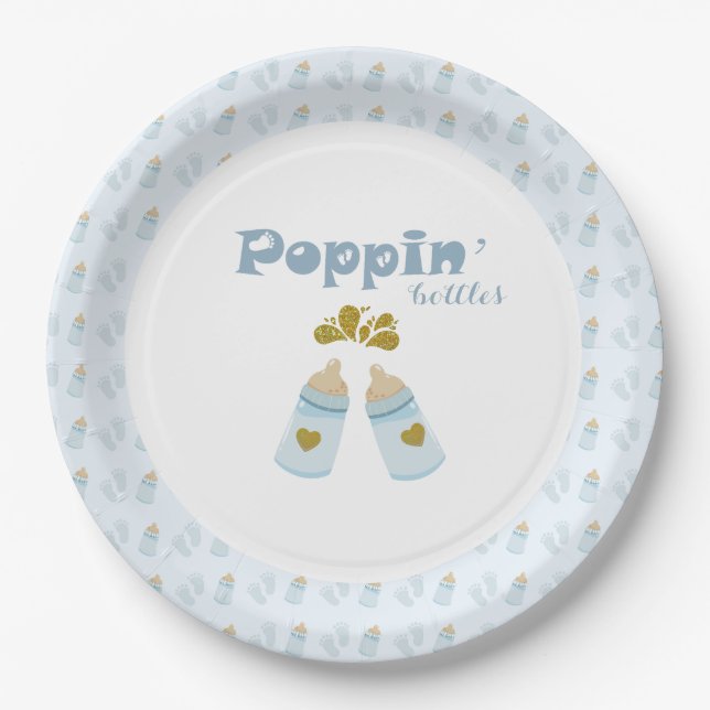  Blue Poppin Bottles Boy Baby Shower Paper Plate (Front)