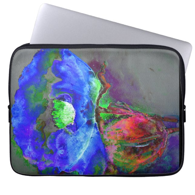 Blue poppy, blue abstract flower laptop sleeve (Front)