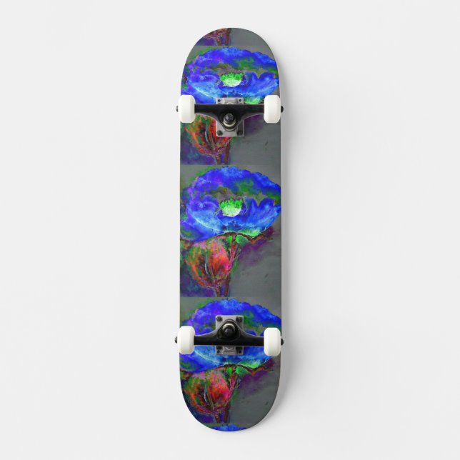 Blue poppy, blue abstract flower skateboard (Front)