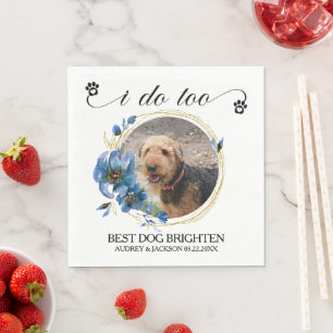 Blue Poppy Floral Pet Photo Wedding Cocktail Napkin