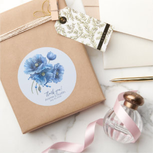 Blue Poppy  Floral Wedding Thank You  Classic Round Sticker