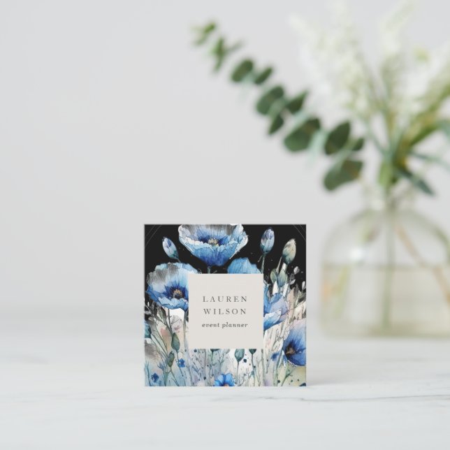 Blue Poppy Flower Elegant Business Card (Standing Front)