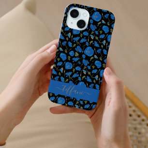 Blue Poppy Flowers Black Botanical Pattern iPhone 15 Case