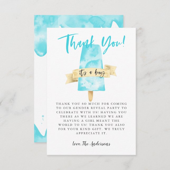 Blue Popsicle Boy Gender Reveal Party Thank You Card (Front/Back)