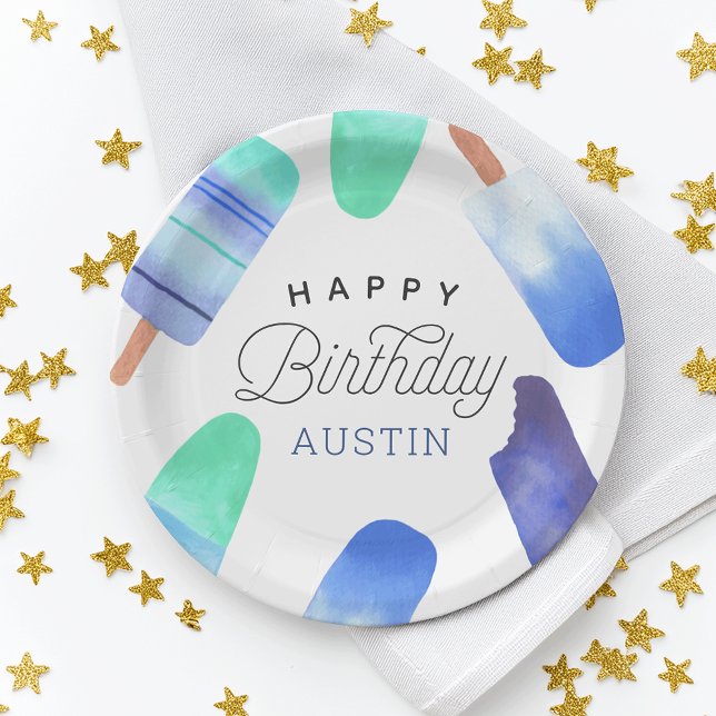 Blue Popsicle Personalised Kids Birthday Party Paper Plate (Creator Uploaded)