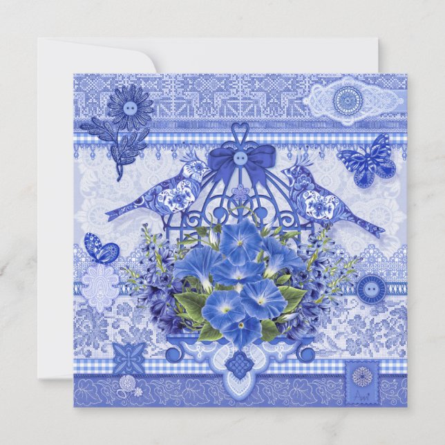 Blue Porcelain Birds and Birdcage Card (Front)