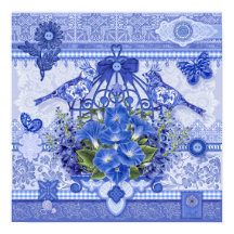 Blue Porcelain Birds and Birdcage Poster 16 x 16