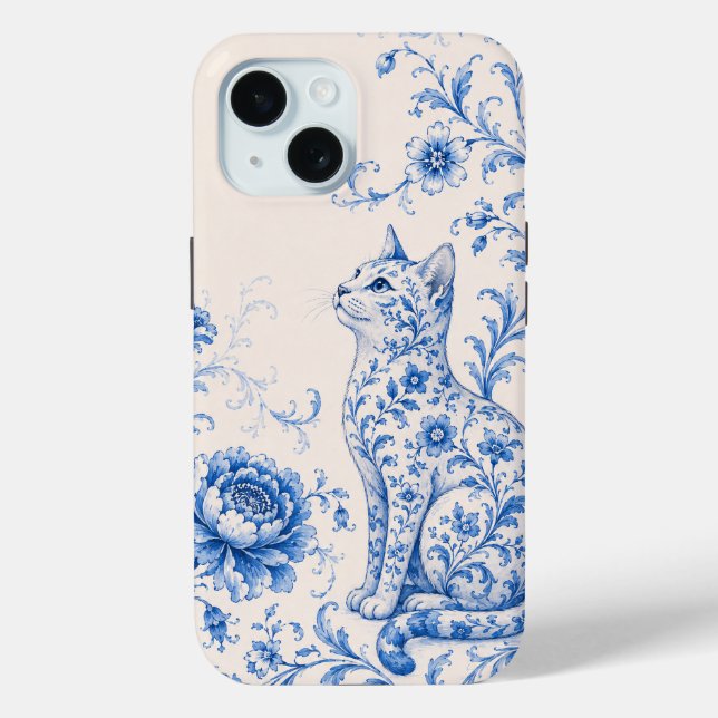 Blue Porcelain Cat Floral Phone Case (Back)