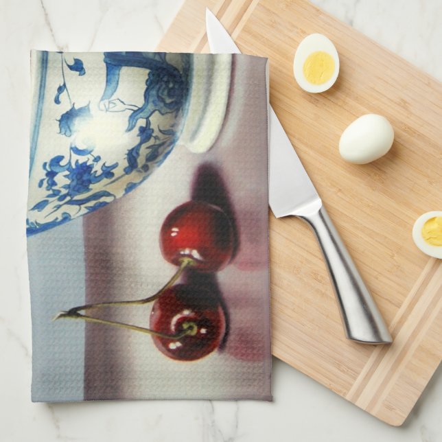 Blue Porcelain & Cherries Tea Towel (Quarter Fold)