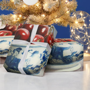 Blue Porcelain & Cherries Wrapping Paper