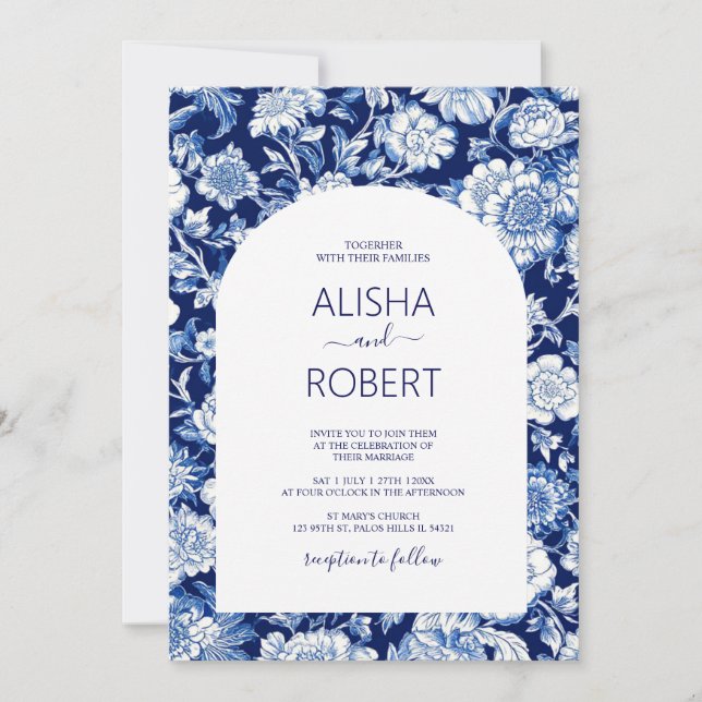 Blue Porcelain Chinoiserie Floral Wedding  Invitation (Front)