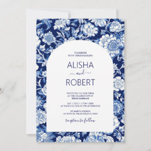 Blue Porcelain Chinoiserie Floral Wedding  Invitation